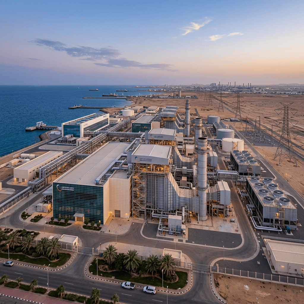 Large power plant complex by the sea with industrial buildings and smokestacks